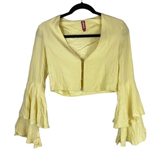 Staud V Neck Hook & Eye Ruffle Bell Sleeve Crop Top Yellow Size XS - Picture 1 of 5